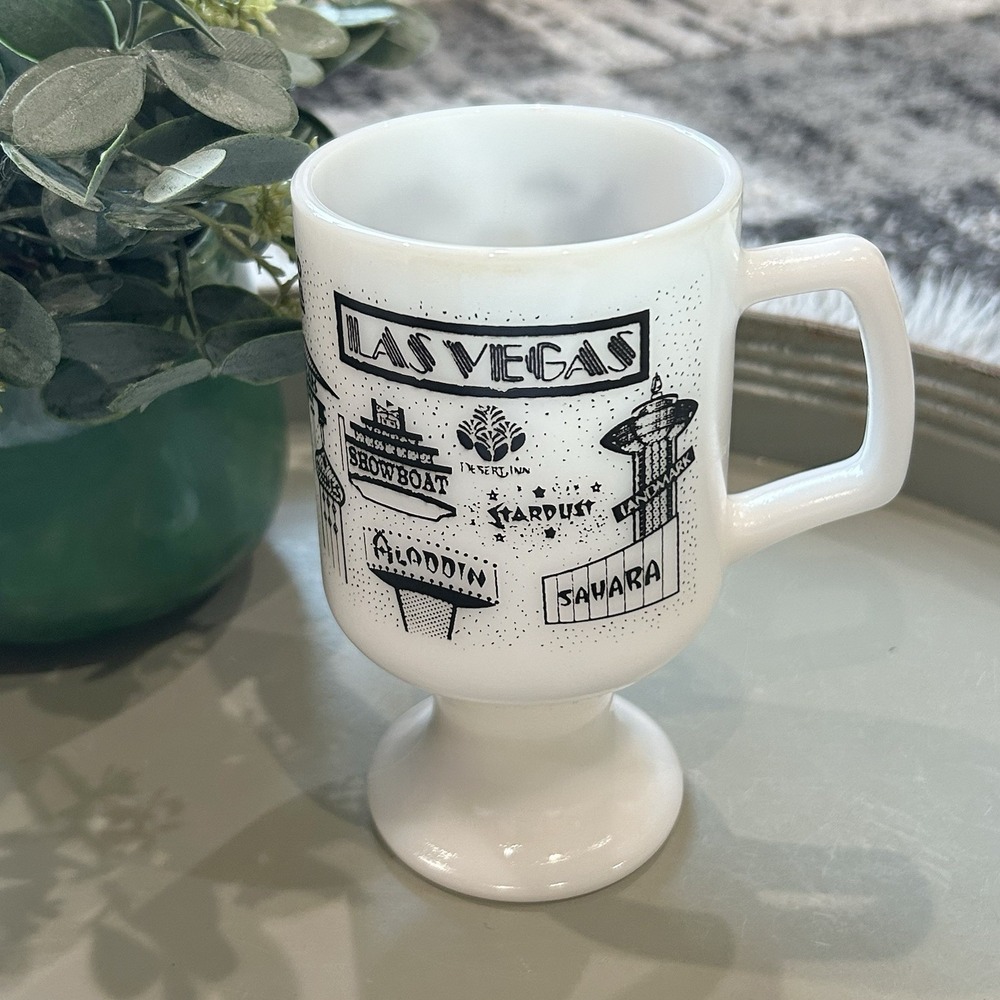 Vintage Mid Century Las Vegas Casino's Milk Glass Coffee Mug Footed Black White